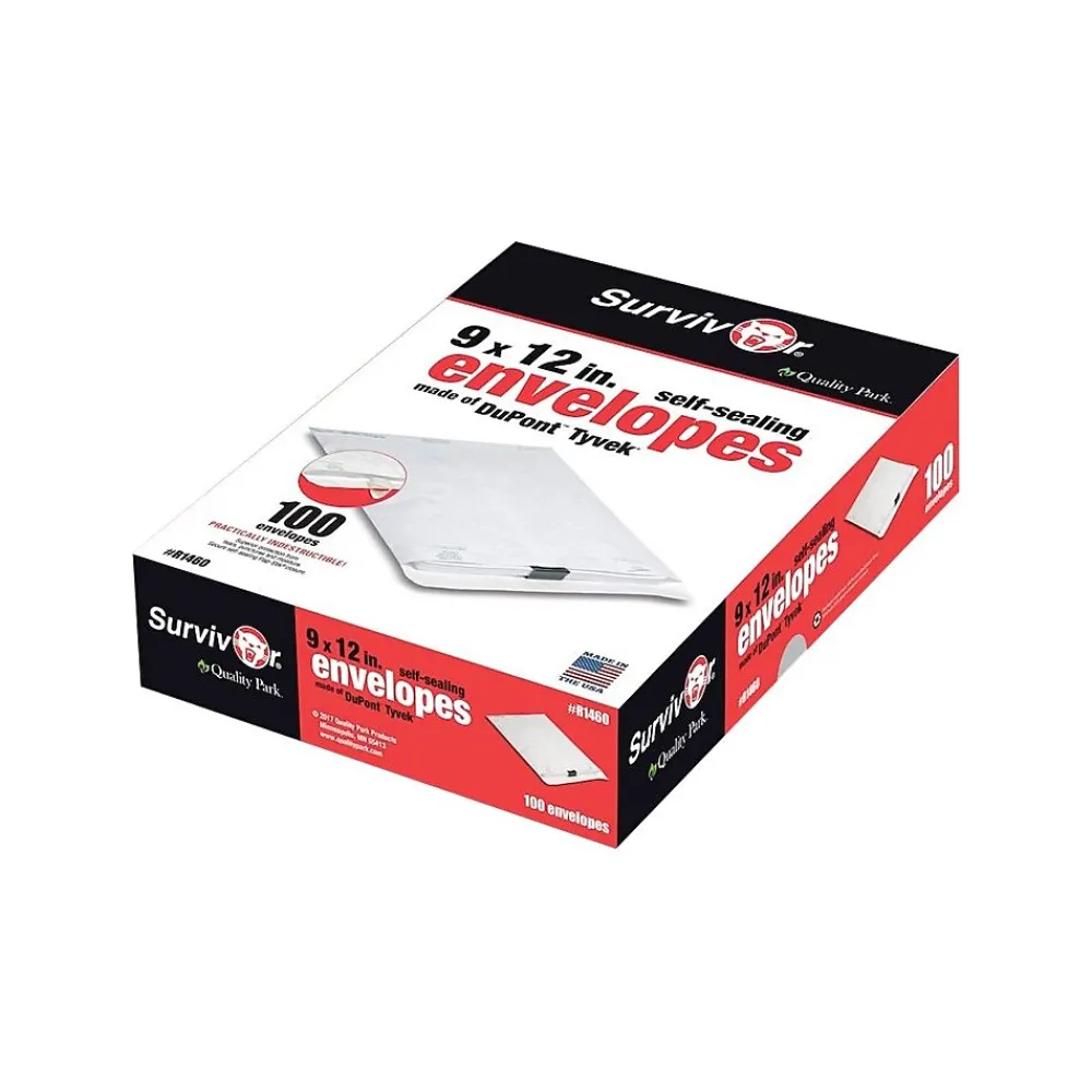 Clearance Quality Park Tyvek Survivor Self Seal Catalog Envelopes, 9"L x 12"H, White, 100/Box (QUAR1460)