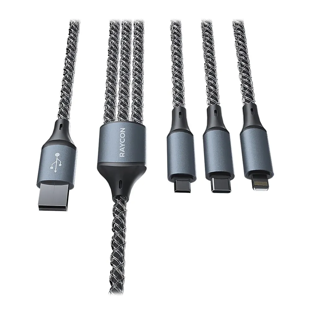 Light-up LED 3-in-1 USB to Lightning, Micro USB & USB-C Cable, 4-ft., Multicolored (RACLED110-23E-WHI)<Raycon Online