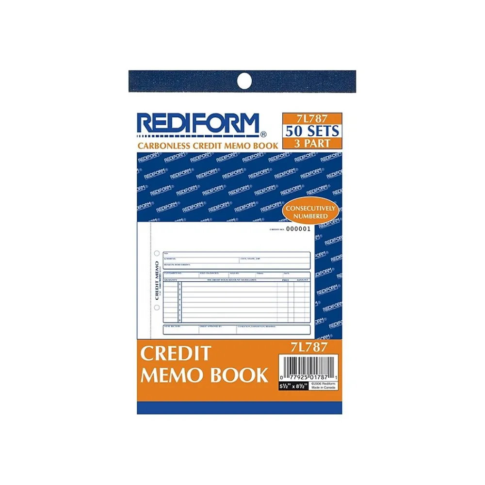 Business Forms*Rediform 3-Part Carbonless Credit Memos, 5.5"L x 7.88"W, 50 Sets/Book (RED7L787)
