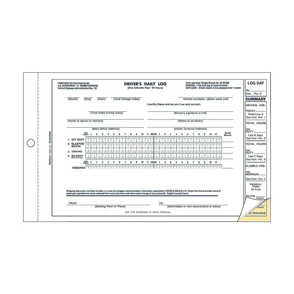 Business Forms*Rediform 2-Part Carbonless Driver's Daily Logs, 9.13"L x 5.5"W, 31 Sets/Book (REDS5031NCL)