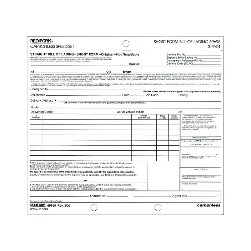 Business Forms*Rediform Speediset Polypacks 3-Part Carbonless Bill of Lading, 7"L x 8.5"W, 50 Sets/Book (RED6P695)