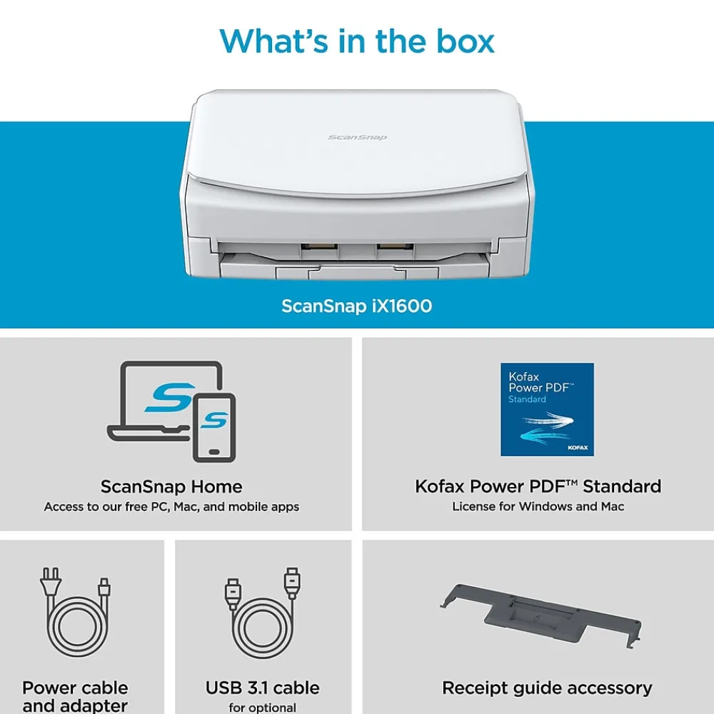 Ricoh ScanSnap IX1600 PA03770-B615 Wireless Duplex Document Scanner, White