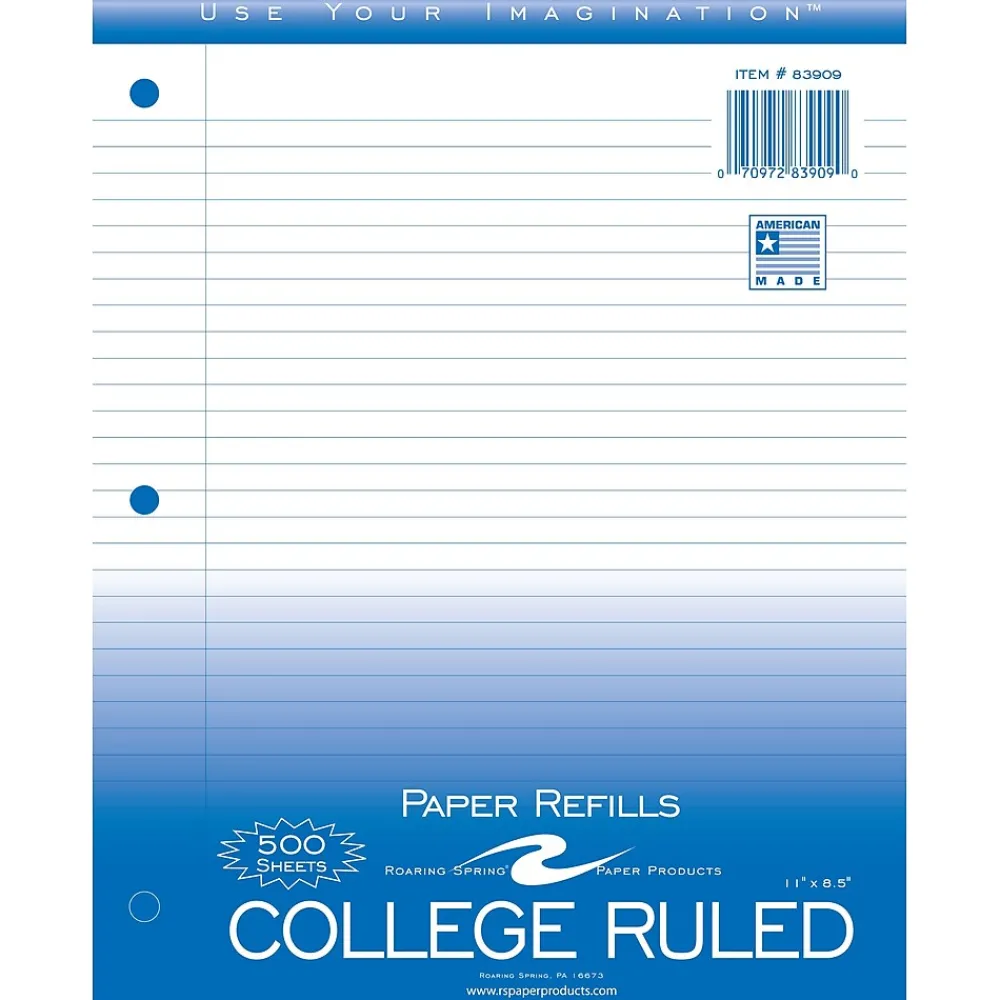 Filler Paper|Roaring Spring Paper Products College Ruled College Ruled Filler Paper, 8.5" x 11", 3-Hole Punched, 500 Sheets/Pack (83909)