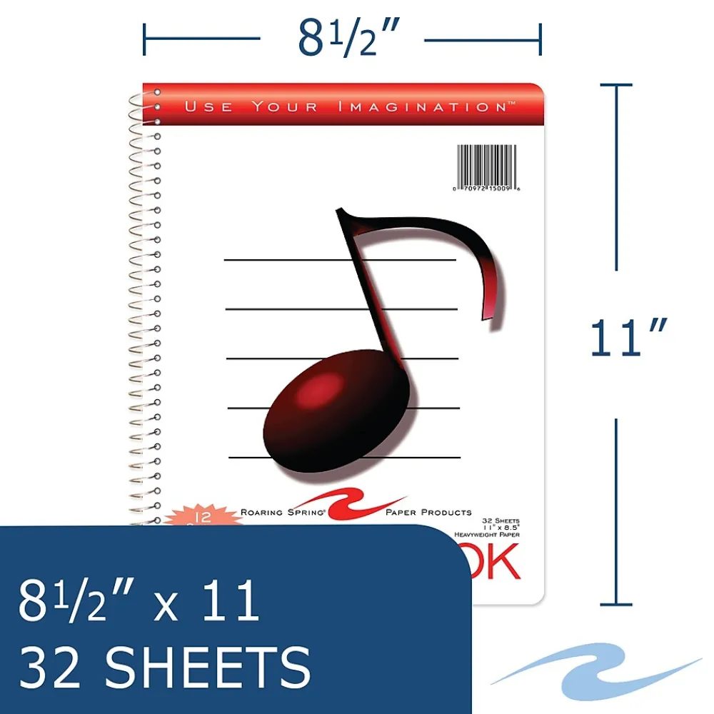 Composition Notebooks|Roaring Spring Paper Products Music Composition Notebook, 11" x 8.5", 32 Sheets, White (15009)