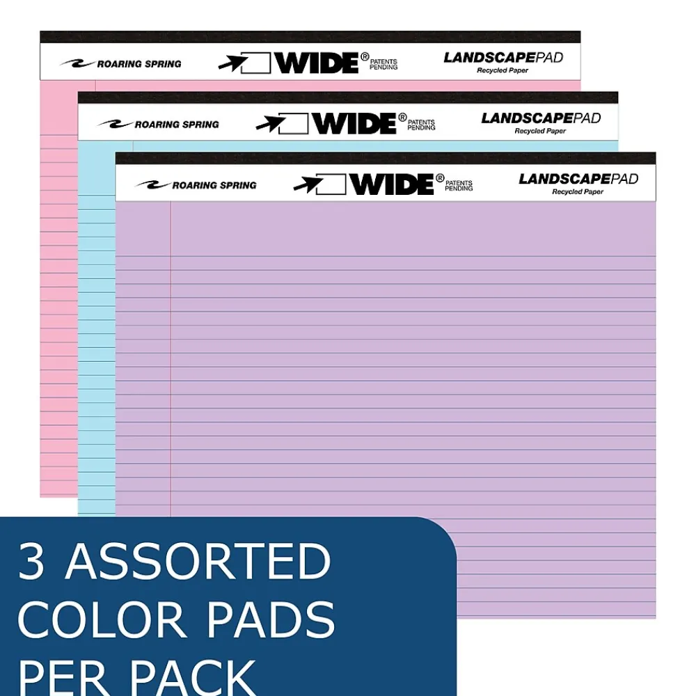 Notepads|Roaring Spring Paper Products Roaring Spring WIDE Landscape Notepad, College Ruled, 11" x 9.5", Assorted Colors, 40 Sheets, 3/Pack (74535)