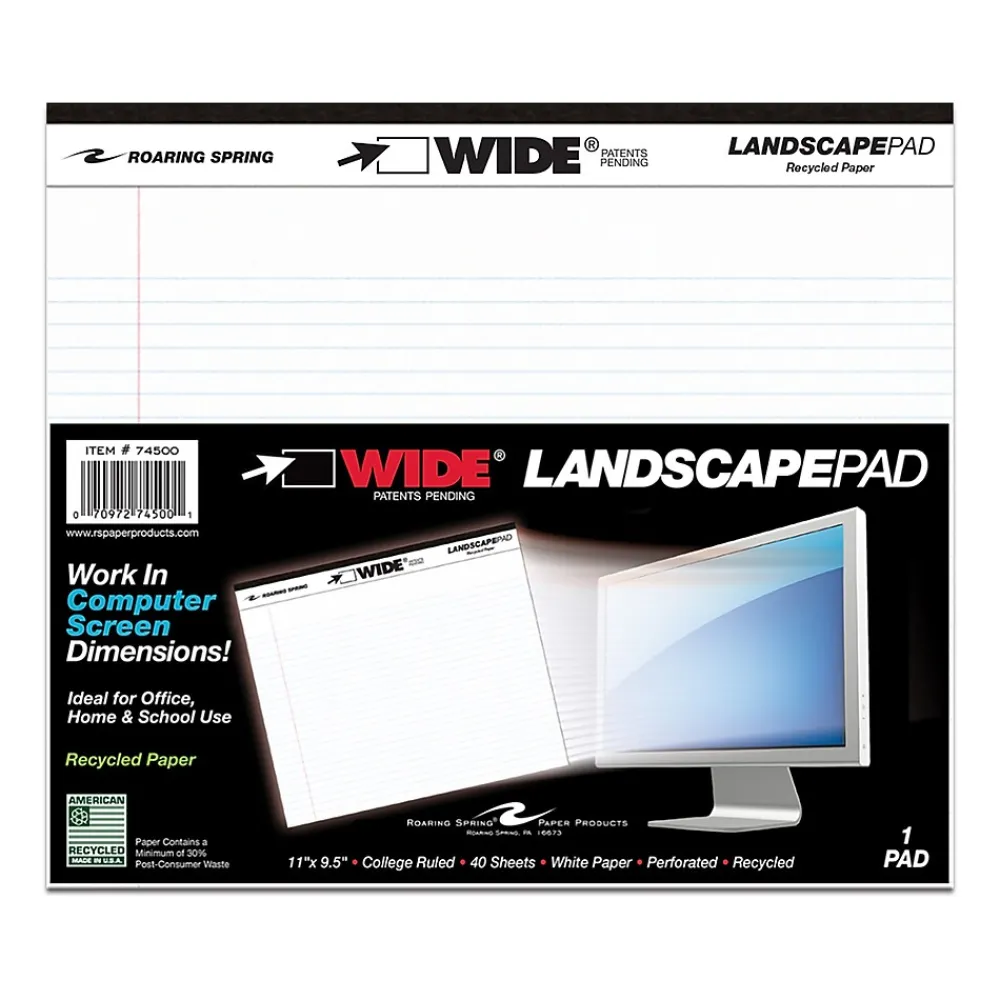 Notepads|Roaring Spring Paper Products Roaring Spring WIDE Landscape Format Writing Pad, College Ruled, 11 x 9 1/2, White, 40 Sheets