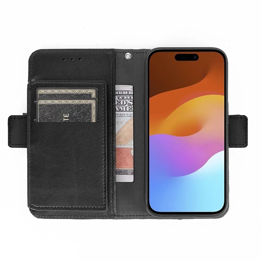 SaharaCase Genuine Leather Wallet Case, Tempered Glass Screen, Camera Protector for iPhone 15 Pro Max, Black (CP480ZD128ZD131)