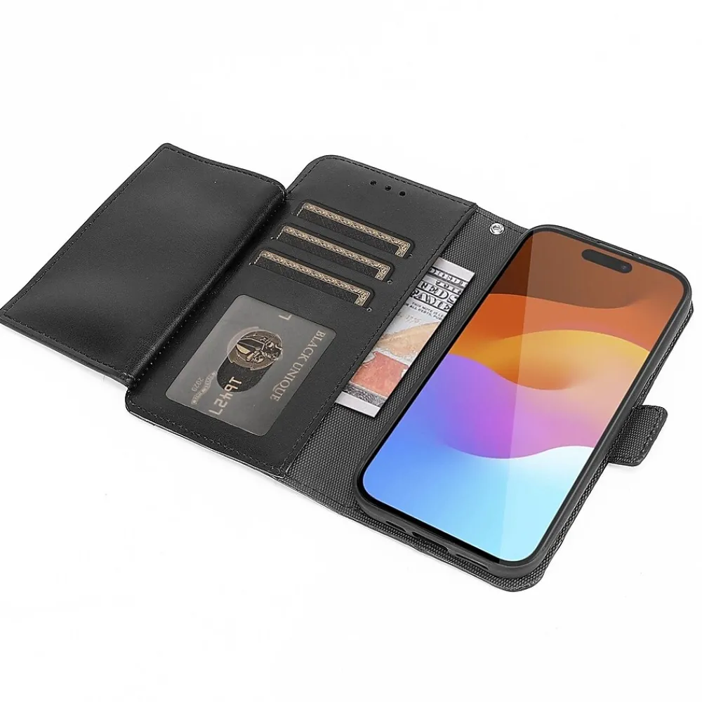 SaharaCase Genuine Leather Wallet Case, Tempered Glass Screen, Camera Protector for iPhone 15 Pro Max, Black (CP480ZD128ZD131)