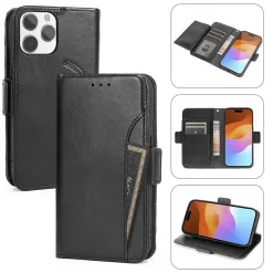 SaharaCase Genuine Leather Wallet Case, Tempered Glass Screen, Camera Protector for iPhone 15 Pro Max, Black (CP480ZD128ZD131)
