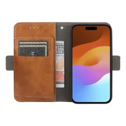 SaharaCase Genuine Leather Wallet Case, Tempered Glass Screen, Camera Protector for iPhone 15 Pro Max, Brown (CP481ZD128ZD131)