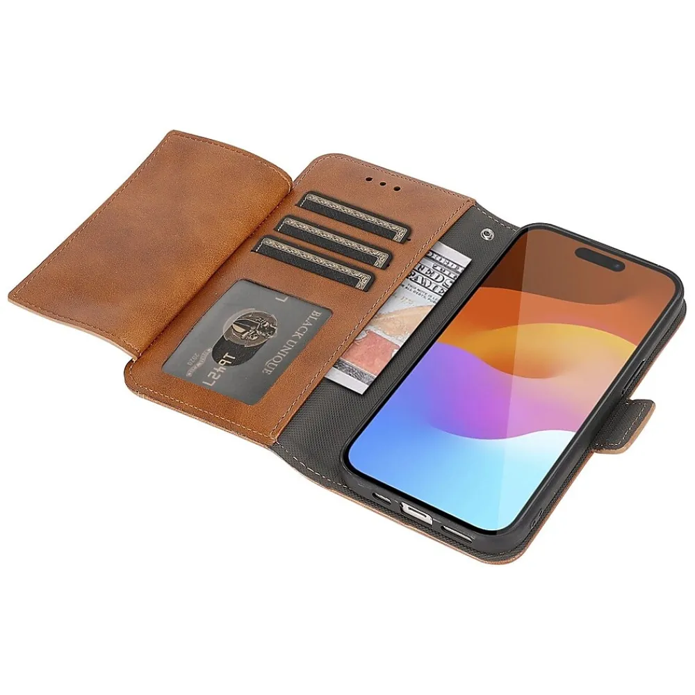 SaharaCase Genuine Leather Wallet Case, Tempered Glass Screen, Camera Protector for iPhone 15 Pro Max, Brown (CP481ZD128ZD131)