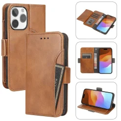 SaharaCase Genuine Leather Wallet Case, Tempered Glass Screen, Camera Protector for iPhone 15 Pro Max, Brown (CP481ZD128ZD131)