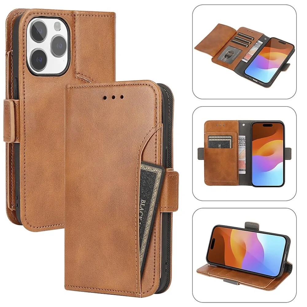 SaharaCase Genuine Leather Wallet Case, Tempered Glass Screen, Camera Protector for iPhone 15 Pro Max, Brown (CP481ZD128ZD131)