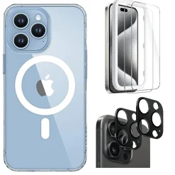 SaharaCase Hybrid-Flex Hard Shell Case, Tempered Glass Screen, Camera Protector for iPhone 15 Pro Max, Clear (CP472ZD128ZD131)