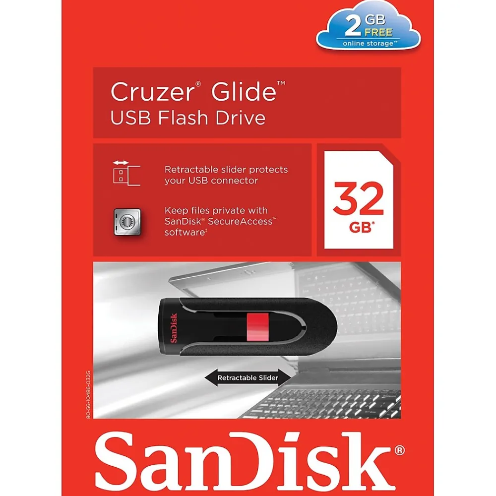 Hot SanDisk Cruzer Glide 32GB USB 2.0 Type A Flash Drive, Black/Red (SDCZ60-032G-A46)