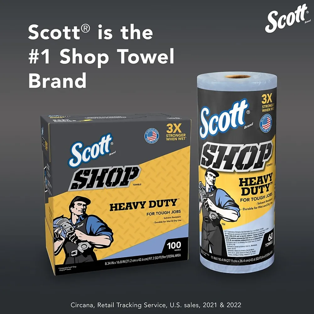 Shop Towels Heavy Duty, 10.4" x 11", Blue, 60 Sheets/Roll, 12 Rolls/Carton (32992)<Scott Discount