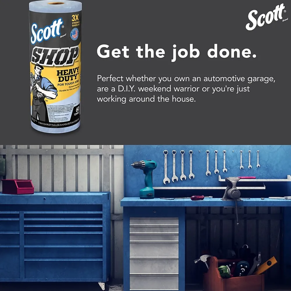 Shop Towels Heavy Duty, 10.4" x 11", Blue, 60 Sheets/Roll, 12 Rolls/Carton (32992)<Scott Discount