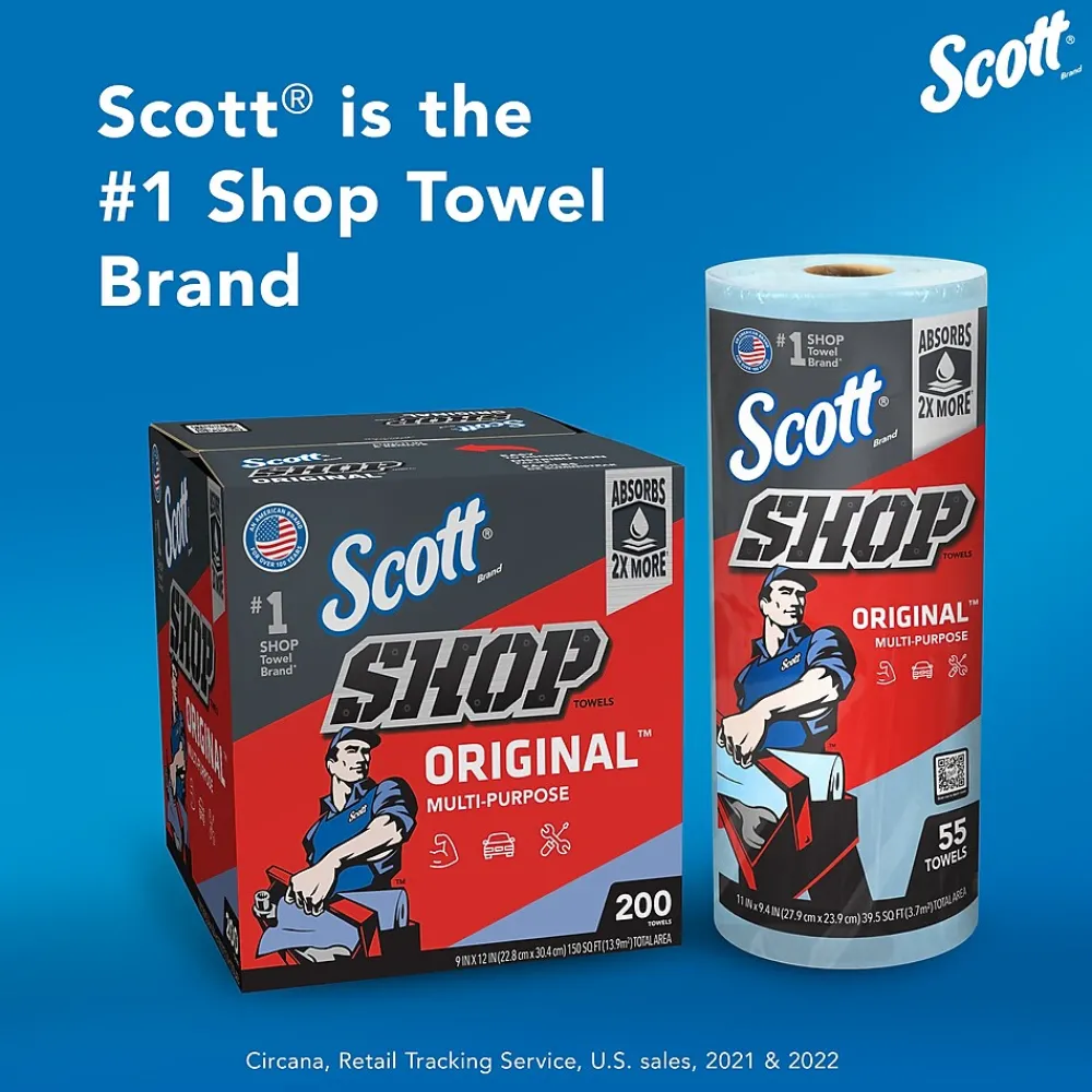 Shop Towels Original, 9.4" x 11", Blue, 55 Towels/Roll, 24 Rolls/Carton (75180CT)<Scott Outlet