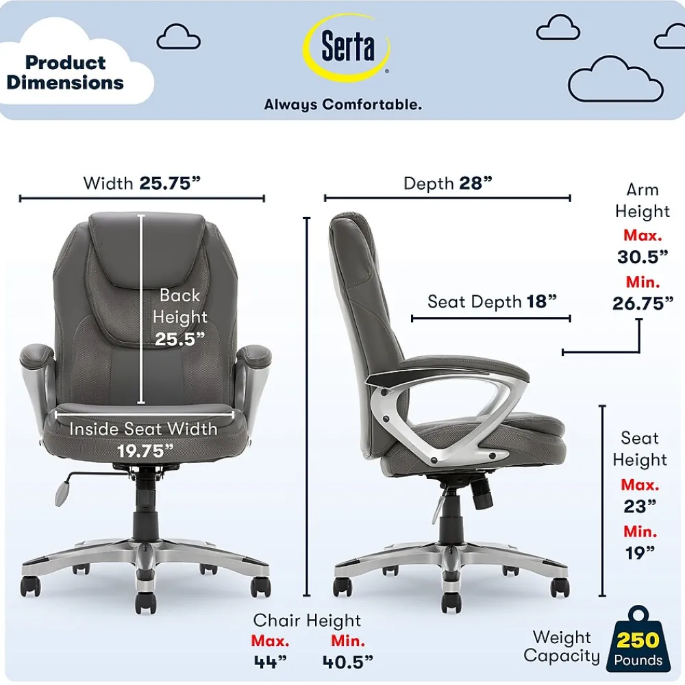 Office Chairs*Serta Amplify Ergonomic Faux Leather Swivel Executive Chair, Light Gray (43673C)