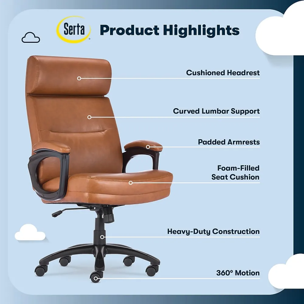 Office Chairs*Serta Comfort Big & Tall Ergonomic Bonded Leather Swivel Executive Chair, Cognac (CHR10131D)