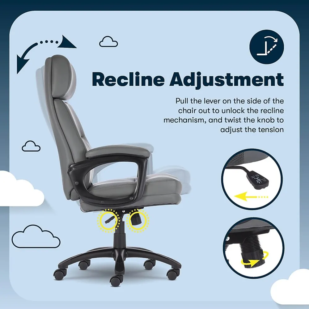 Office Chairs*Serta Comfort Big & Tall Ergonomic Bonded Leather Swivel Executive Chair, Gray (CHR10131C)