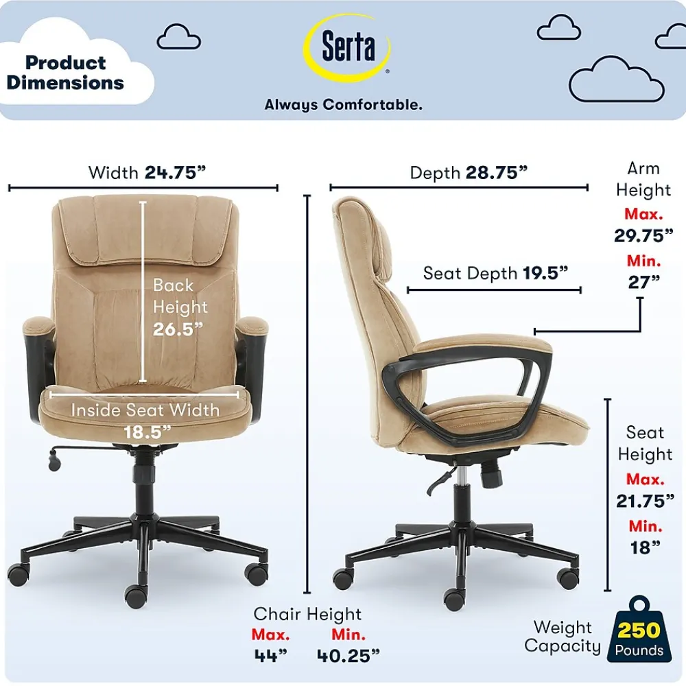 Office Chairs*Serta Executive Office Chair, Microfiber, Light Beige, Seat Size: 20.75''W x 19.5"D, Back Size: 20.25"W x 26.50"H (CHR200002)