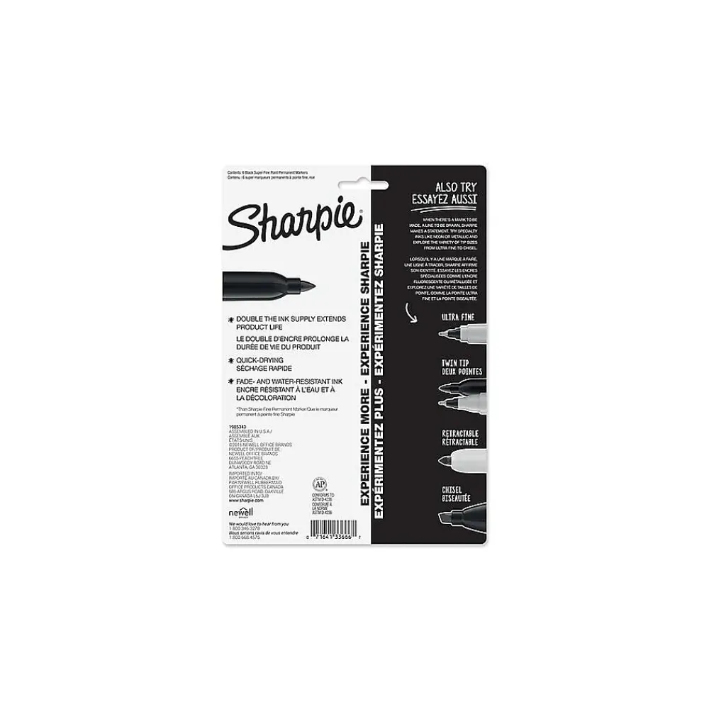 Markers|Sharpie Super Permanent Markers, Fine Tip, Black, 6/Pack (33666)