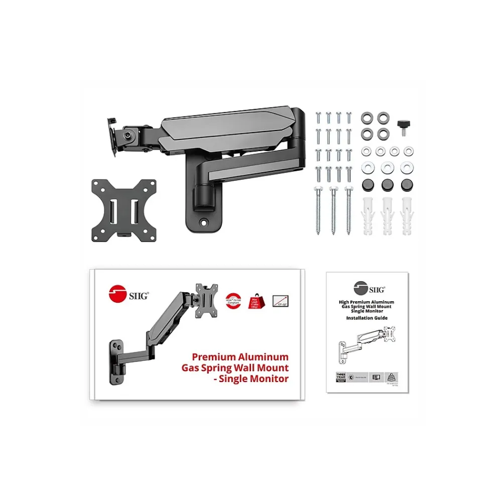 Online SIIG High Premium Aluminum Gas Spring Wall Mount - Single Monitor Arm, Up to 32", Black (CE-MT2L12-S1)
