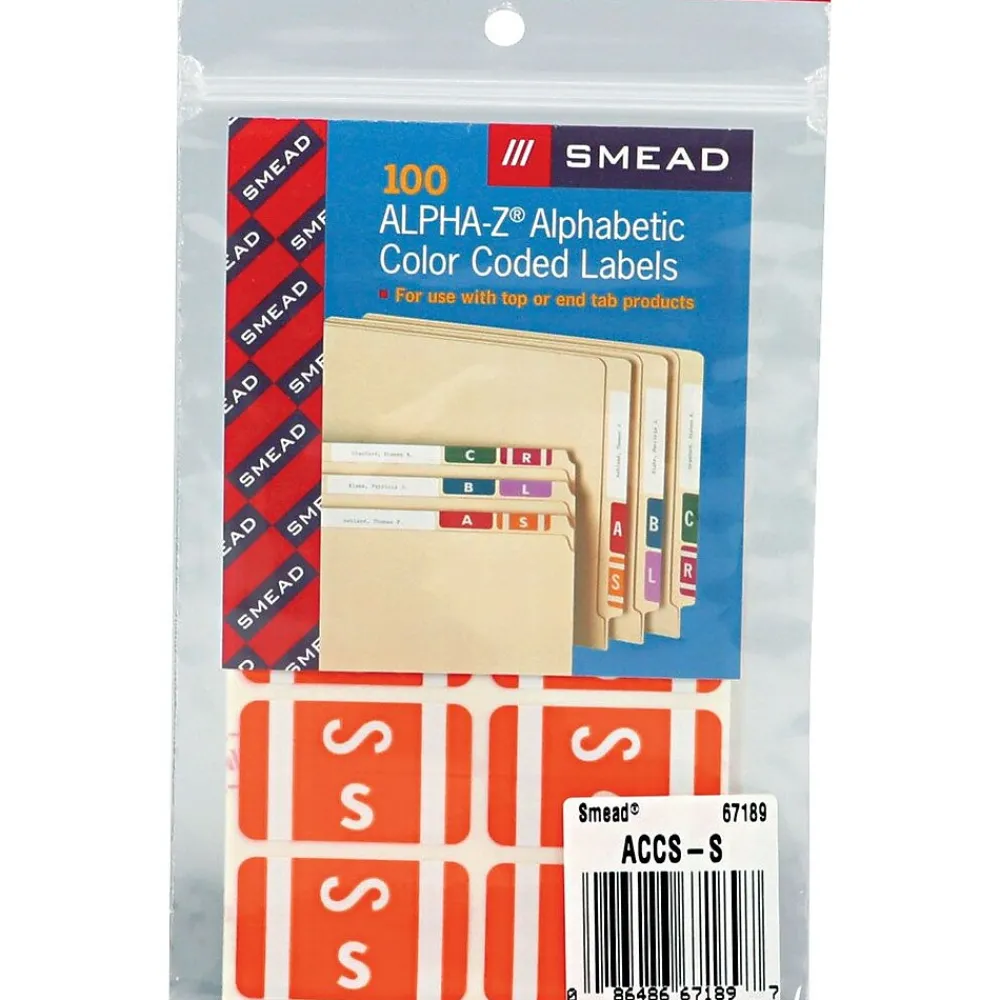 Labels|Smead AlphaZ ACCS Color-Coded Alphabetic Labels, S, Red, 100/Pk (67171)