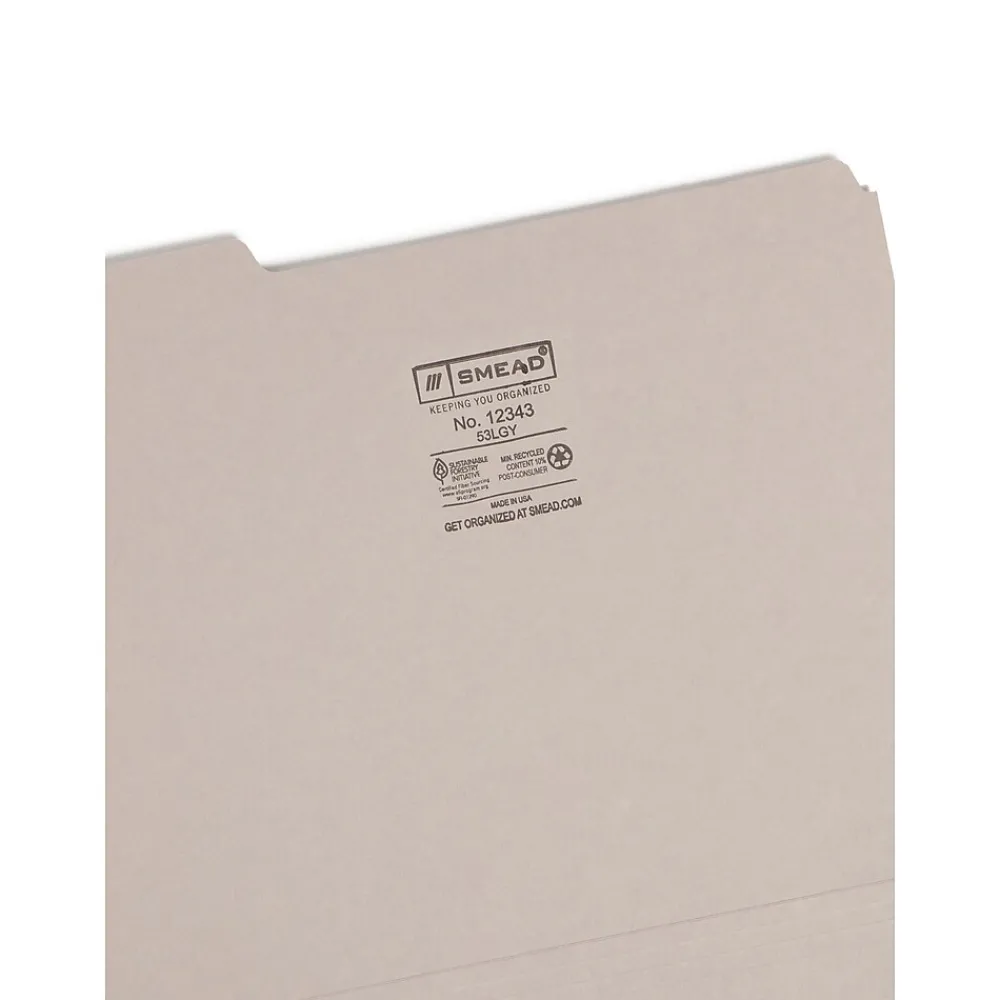 File Folders|Smead File Folder, 3 Tab, Letter Size, Light Gray, 100/Bx (12343)