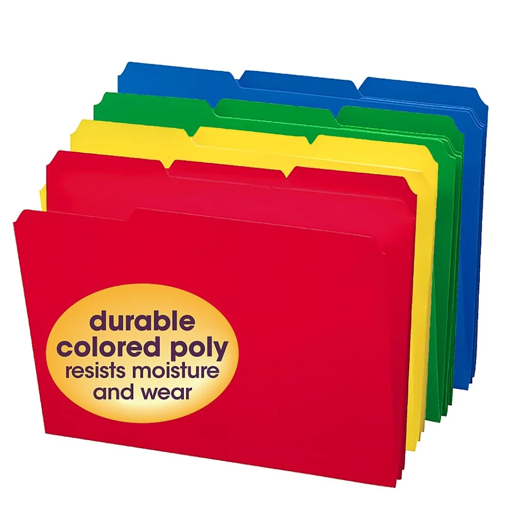 File Folders|Smead Poly File Folder, 1/3-Cut- Tab Letter Size, Assorted Colors, 24/Box (10500)