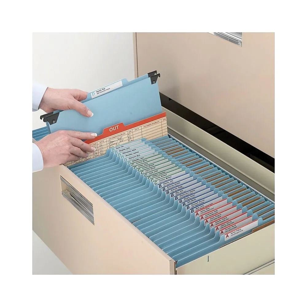 Hanging File Folders|Smead SafeSHIELD Pressboard Hanging File Folder, 2" Expansion, 2/5-Cut Tab, Letter Size, Blue (65105)