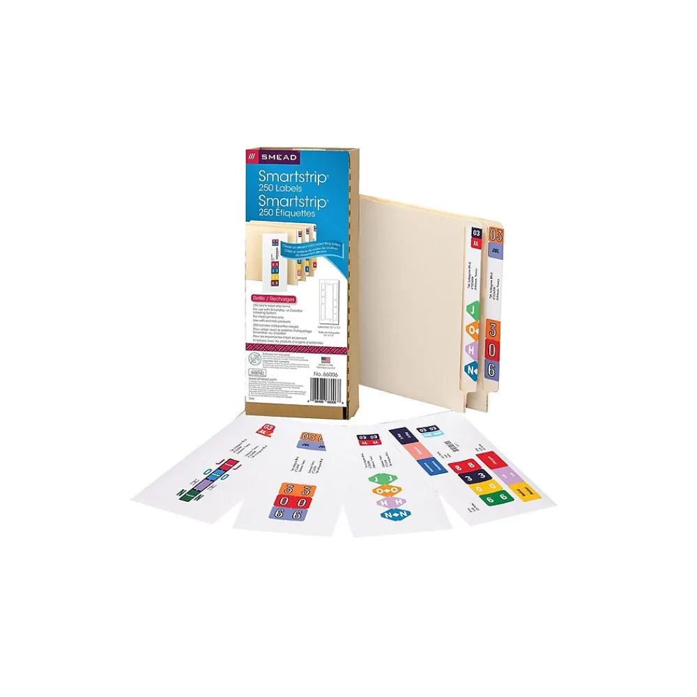 Labels|Smead Smartstrip ColorBar WaterGuard Inkjet File Folder Labels, 1 1/2" x 7 1/2", White, 250/Pack (66006)