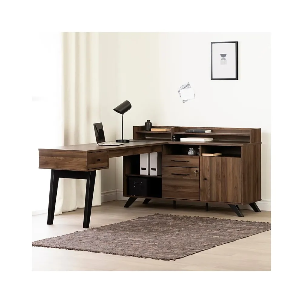 L-Desks*South Shore Helsy 78"W L-Shaped Computer Desk with Power Bar and Removable Hutch, Natural Walnut (13307)
