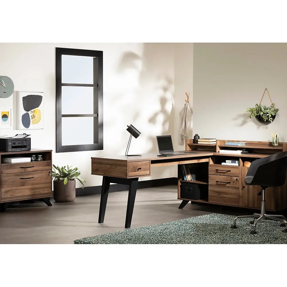 L-Desks*South Shore Helsy 78"W L-Shaped Computer Desk with Power Bar and Removable Hutch, Natural Walnut (13307)