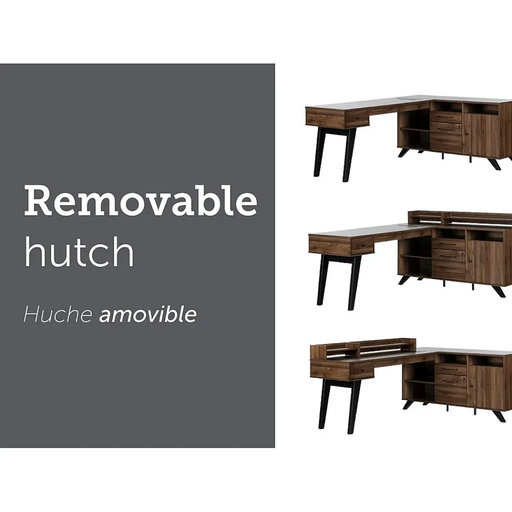 L-Desks*South Shore Helsy 78"W L-Shaped Computer Desk with Power Bar and Removable Hutch, Natural Walnut (13307)