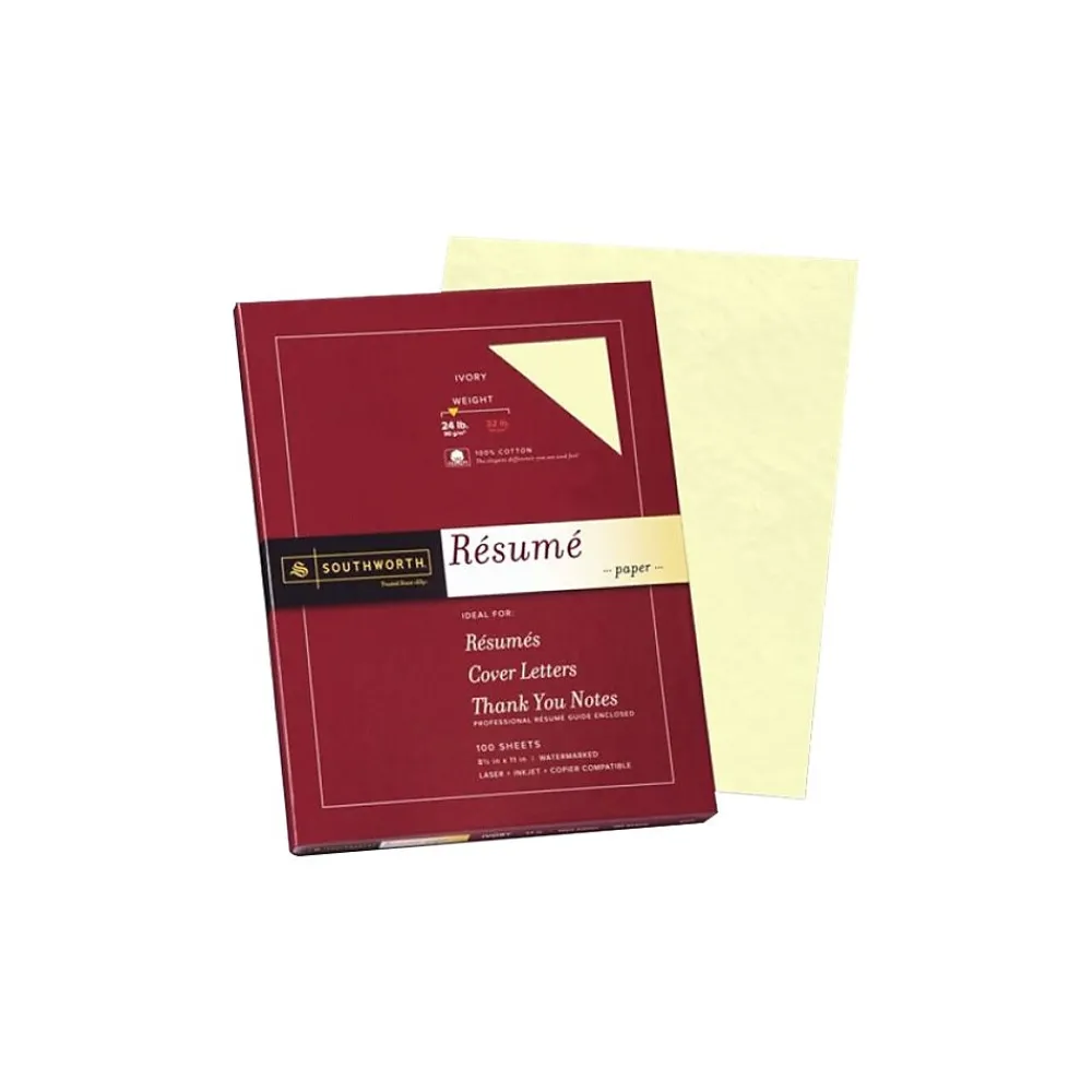 Resume Paper*Southworth Resume Paper, 8.5" x 11", 24 lb., Wove-Finish, Ivory, 100 Sheets/Box (R14ICF)