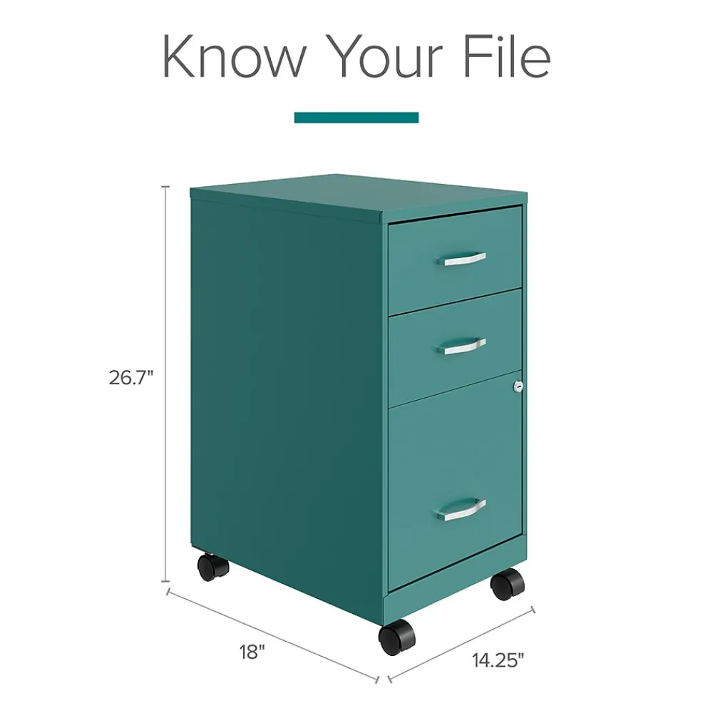 File Cabinets*Space Solutions 3-Drawer Mobile Vertical File Cabinet, Letter Size, Lockable, 26.7"H x 14.25"W x 18"D, Teal (24431)