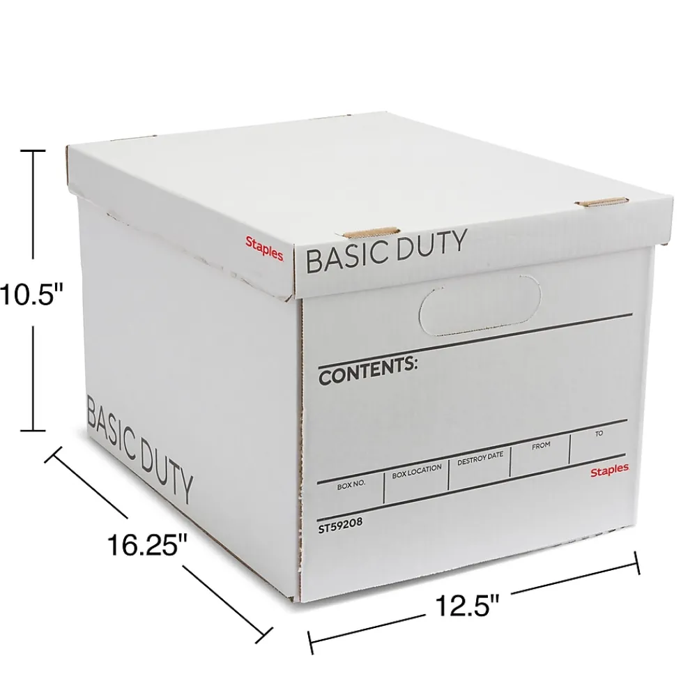 File Storage|Staples 65% Recycled Corrugated File Box Lift Off Lid, Letter/Legal Size, White/Black, 10/Pack (23325011)