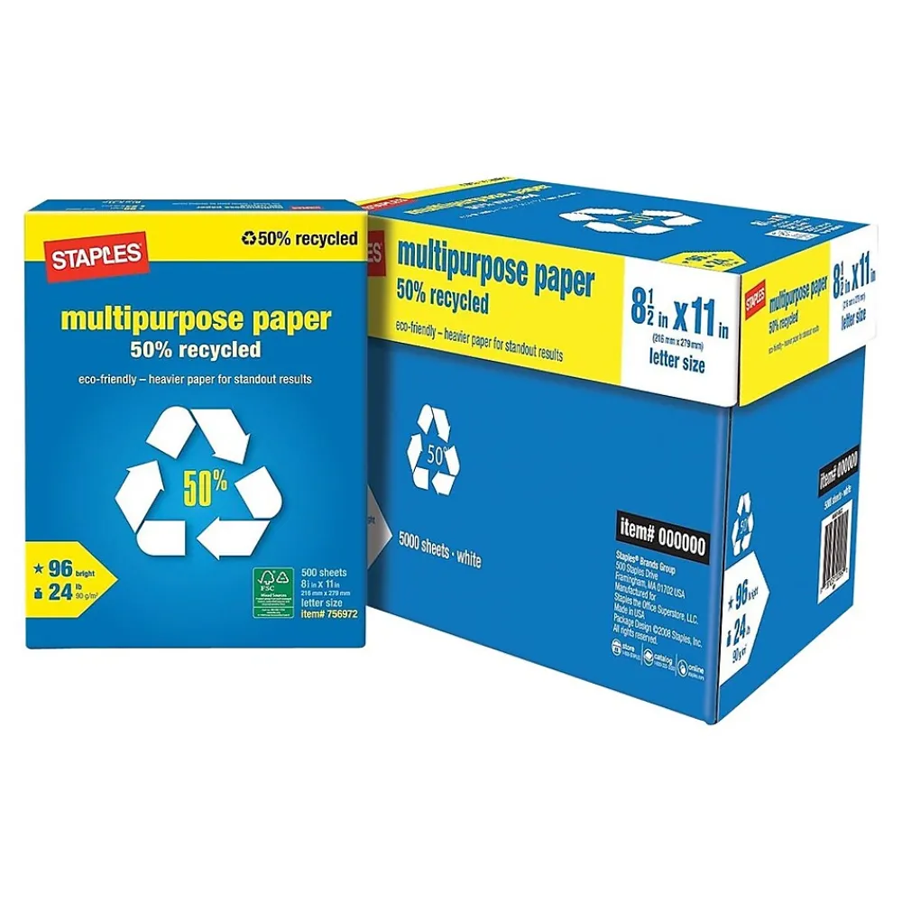 Multipurpose Paper*Staples 50% Recycled Multipurpose Paper, 8.5" x 11", 24 lbs., White, 500 Sheets/Ream, 10 Reams/Carton (86059)
