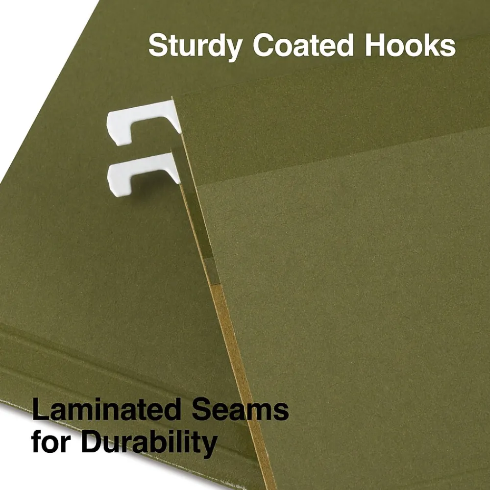 Hanging File Folders|Staples 100% Recycled Reinforced Recycled Hanging File Folder, 1/3-Cut Tab, Letter Size, Standard Green, 25/Box