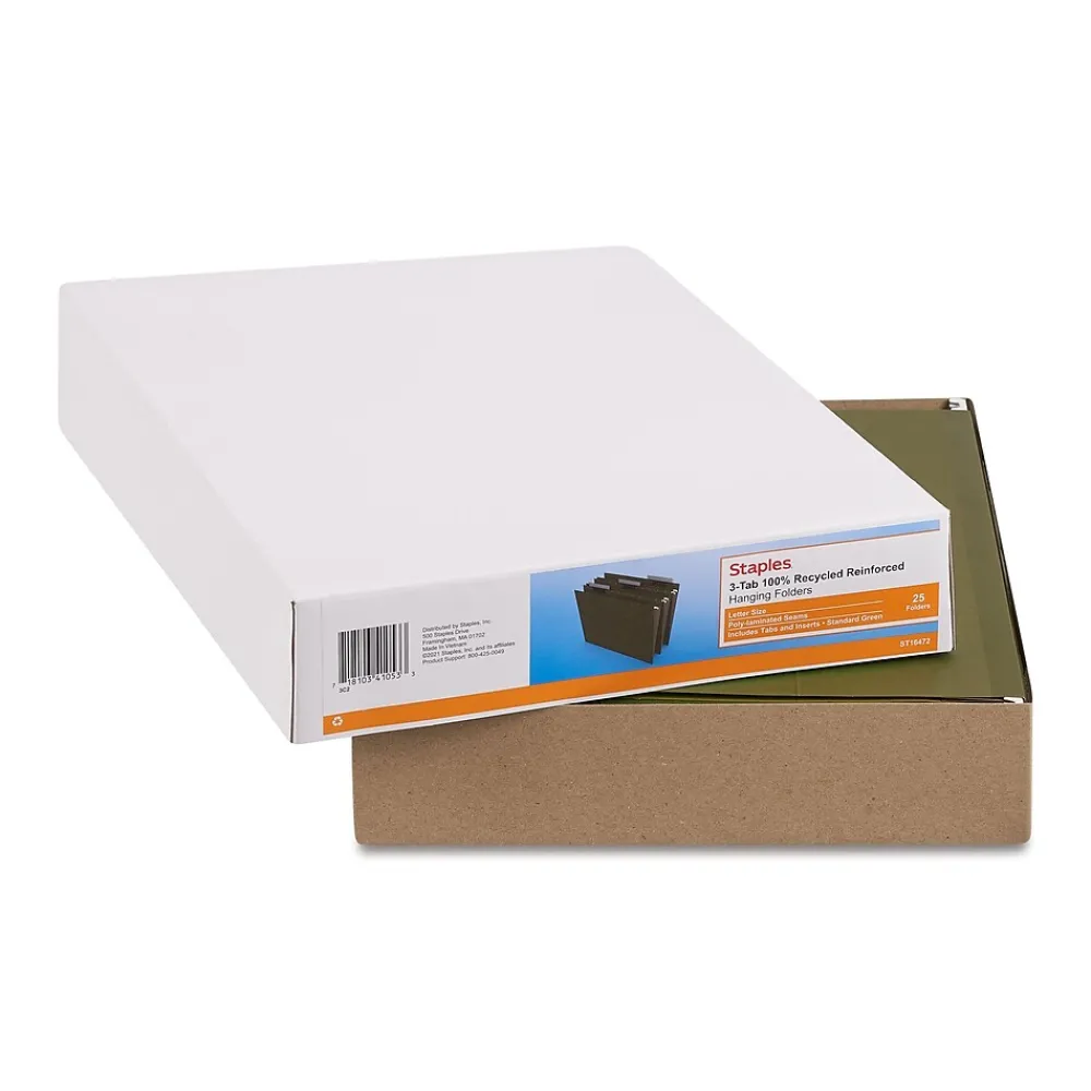 Hanging File Folders|Staples 100% Recycled Reinforced Recycled Hanging File Folder, 1/3-Cut Tab, Letter Size, Standard Green, 25/Box