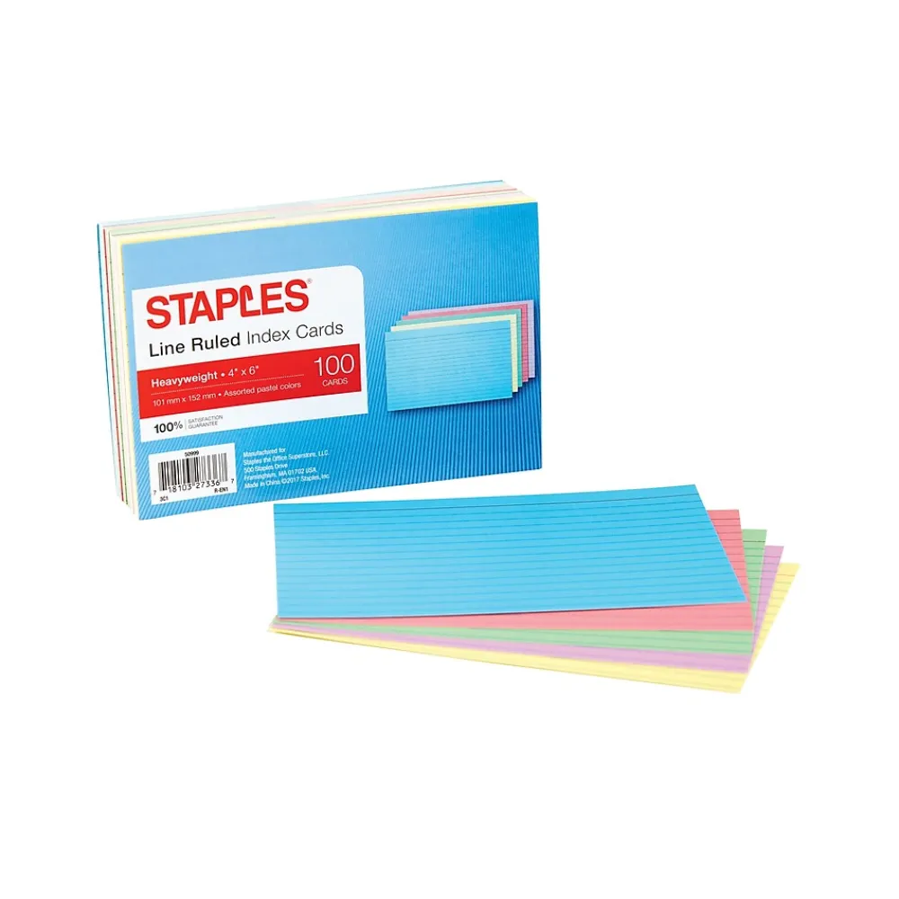 Index Cards*Staples ® 4" x 6" Heavyweight Assorted Pastel Index Cards, 100/Pack (50999)