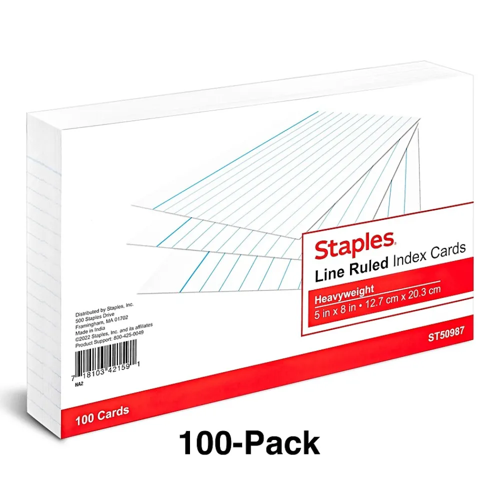 Index Cards*Staples ™ 5" x 8" Index Cards, Lined, White, 100/Pack (TR50987)