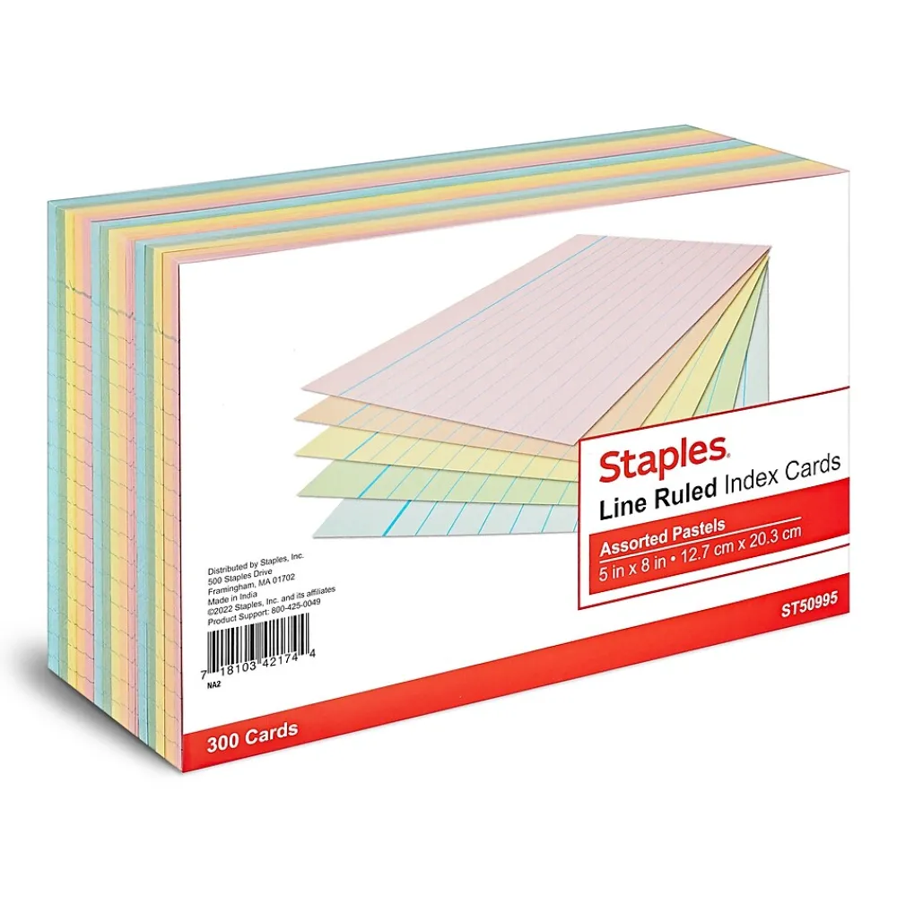 Index Cards*Staples 5" x 8" Index Cards, Lined, Assorted Colors, 300/Pack (TR50995)
