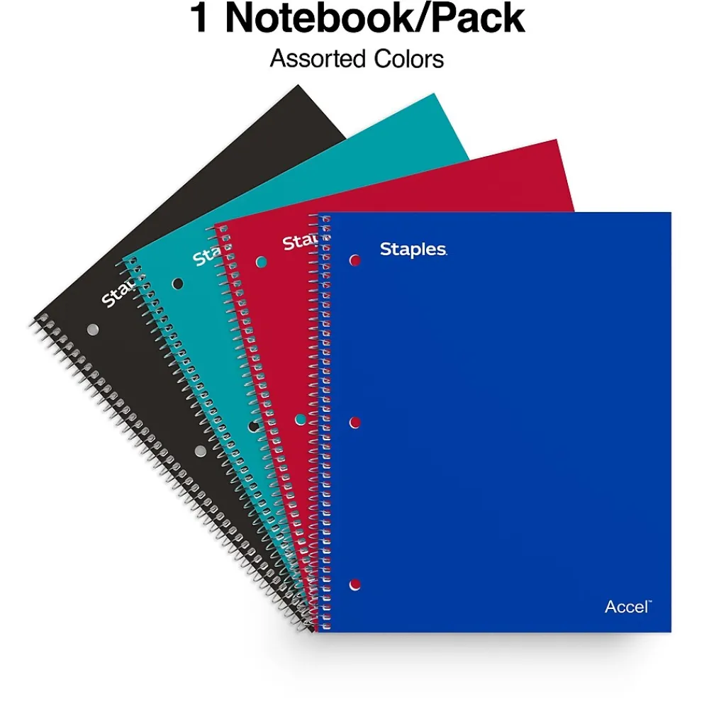 Subject Notebooks|Staples Accel 3-Subject Notebook, 8.5" x 11", College Ruled, 150 Sheets, Colors (ST15758D) Assorted