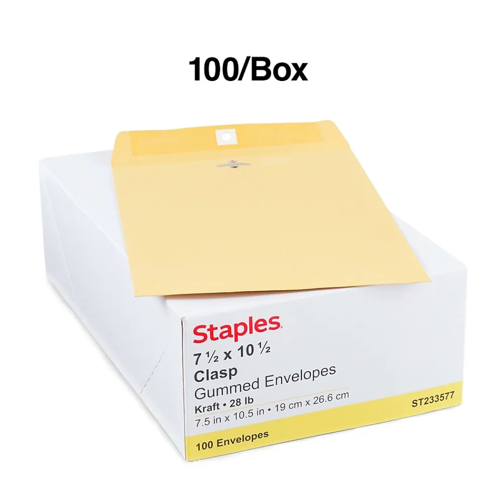 Discount Staples Clasp & Moistenable Glue Kraft Catalog Envelopes, 7.5"L x 10.5"H, Brown, 100/Box (233577/19268)