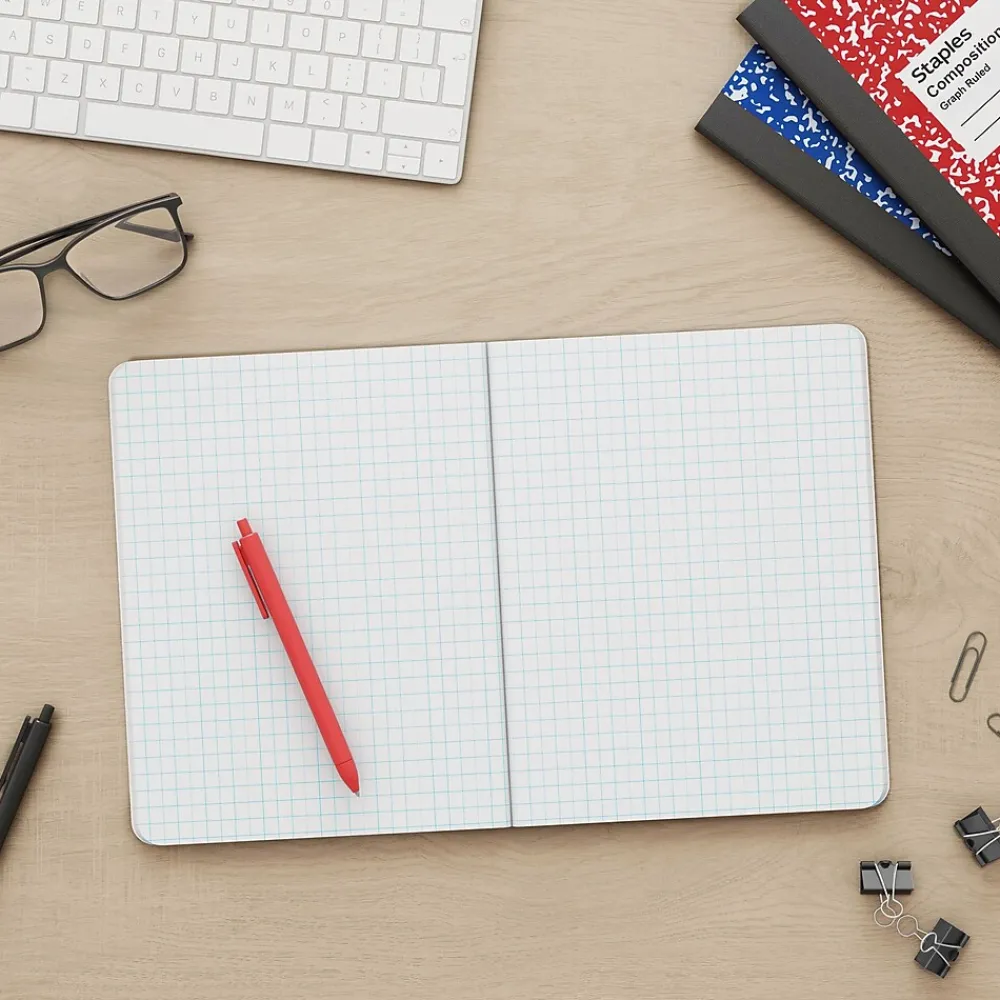 Composition Notebooks|Staples Composition Notebook, 7.5" x 9.75", Graph Ruled, 80 Sheets, /White (ST55069) Red