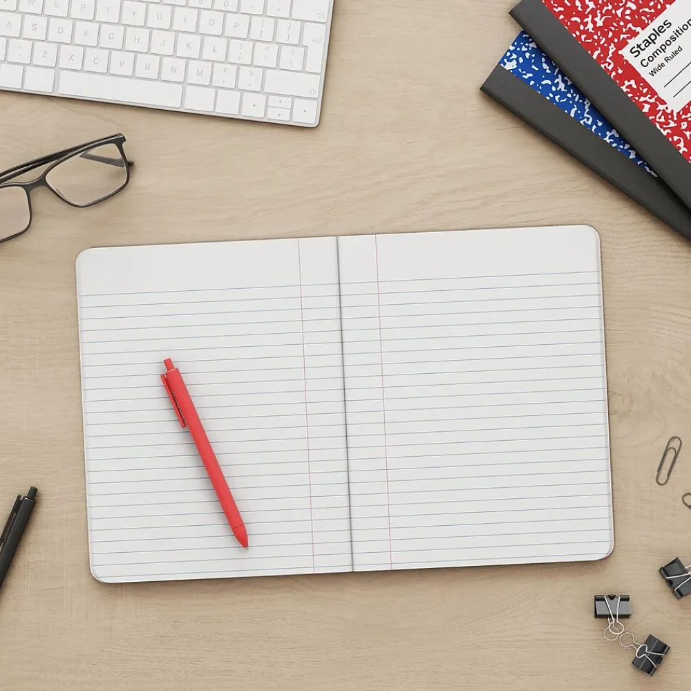 Composition Notebooks|Staples ® Composition Notebooks, 7.5" x 9.75", Wide Ruled, 100 Sheets, , 4/Pack (ST58368) Assorted Colors