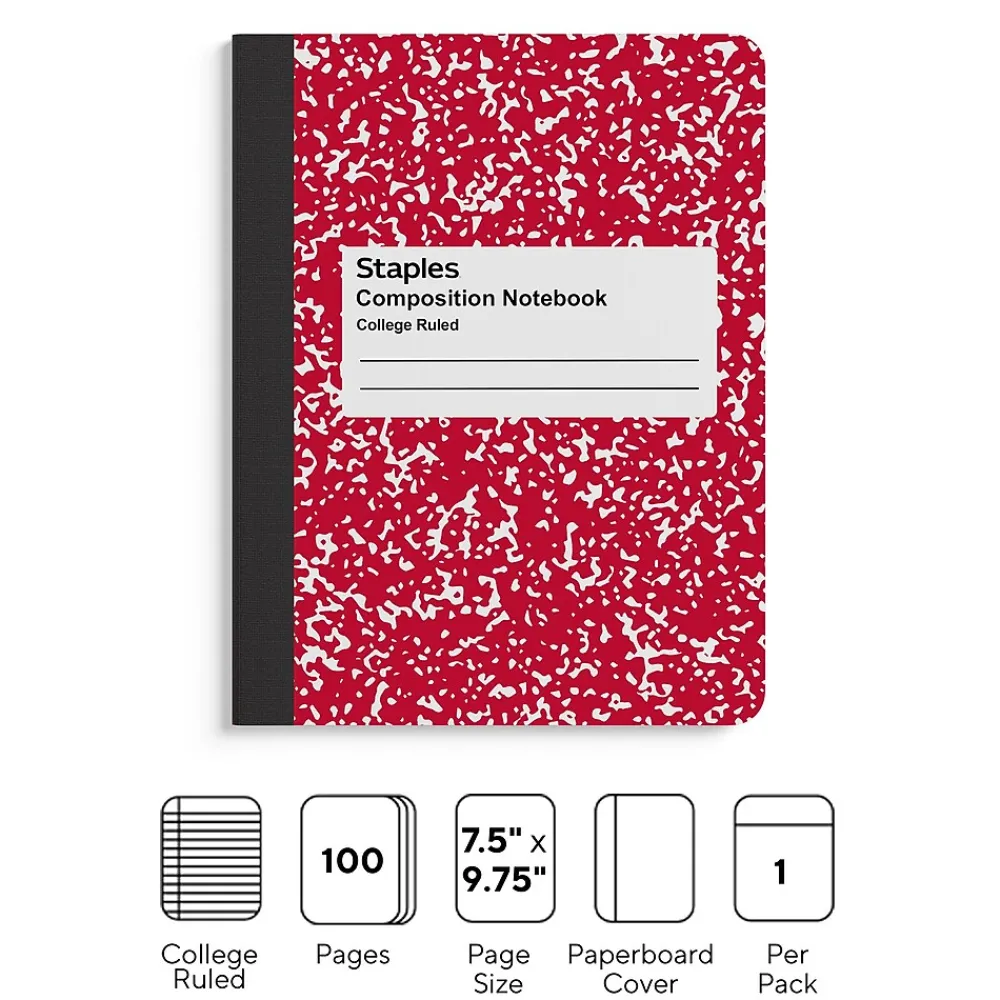 Notebooks|Staples ® Composition Notebook, 7.5" x 9.75", College Ruled, 100 Sheets, (ST55065) Red
